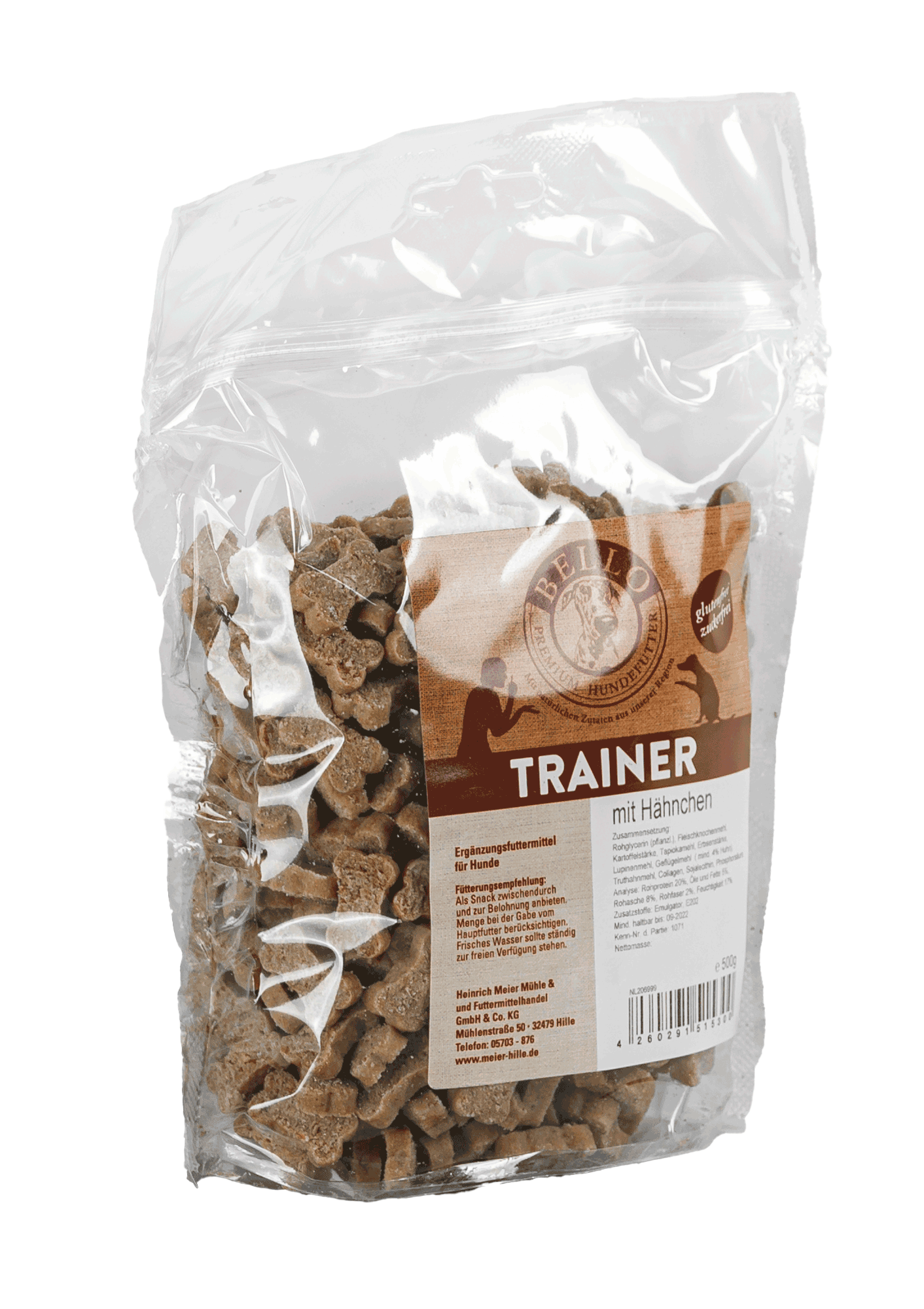 Transparenter Beutel mit Etikett und abgefüllt mit Hunde trainer snacks