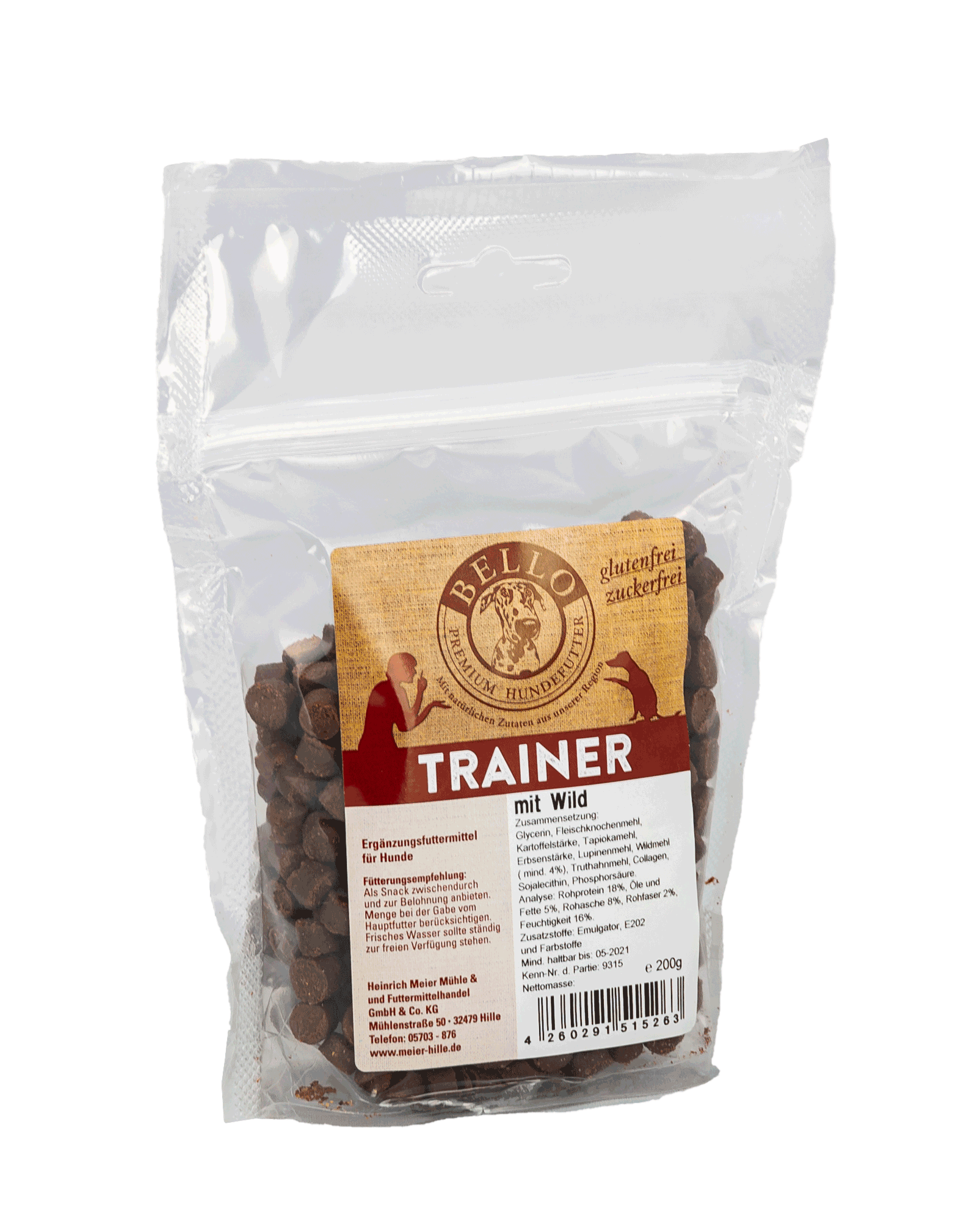 Transparenter Beutel mit Etikett und abgefüllt mit Hunde trainer snacks